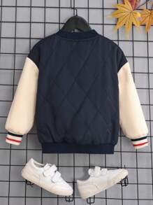 SHEIN Young Boy Letter Patched Striped Trim Drop Shoulder Thermal Varsity Jacket - Multicolor - View 2