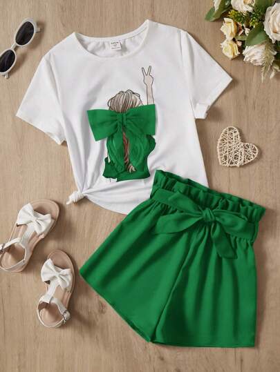 SHEIN 女大童人像圖案前蝴蝶結T恤&紙袋腰附腰帶短褲