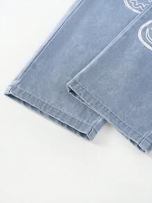SHEIN Explorewe 女大童卡通圖案直筒牛仔褲 - 淺色水洗藍 - 查看 3