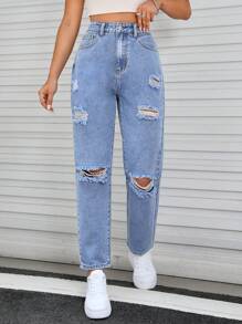 SHEIN EZwear Ripped Straight Leg Jeans - Medium Wash - View 4