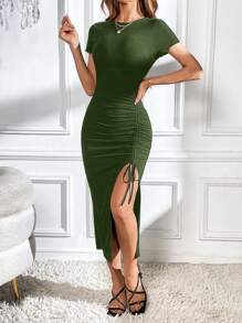 SHEIN Essnce 素色抽繩高衩洋裝 - 軍綠色 - 查看 1