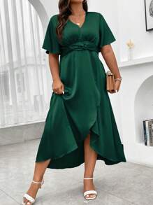 Flirla 大碼褶邊蝴蝶袖圍裹連衣裙 - 墨綠色 - 查看 4