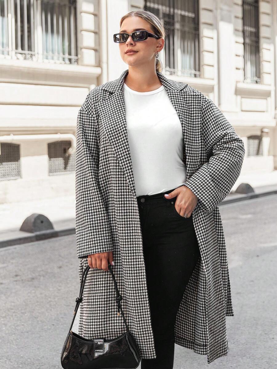 SHEIN Cottnline Plus Houndstooth Print Belted Overcoat - Black and White - View 1