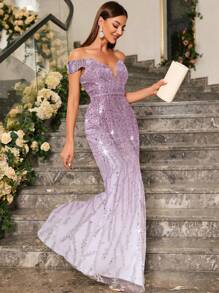 UNITHORSE 露肩美人鱼裙摆亮片正式礼服，优雅舞会晚宴婚礼宾客礼服，适合毕业典礼、晚宴、新娘礼服、生日等场合，春季女士服装 - 紫色 - 查看 4