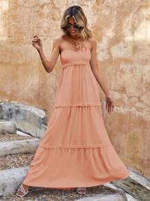 EURMUSE Solid Frill Trim Tube Dress - Coral Pink - View 3