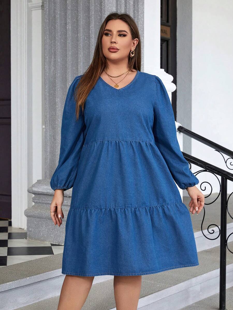 SHEIN Privé 大碼燈籠袖荷葉邊牛仔洋裝 - 中等水洗藍 - 查看 1