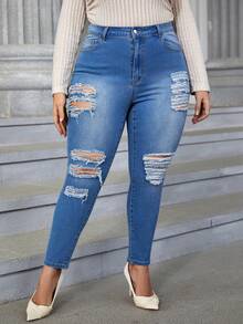 SHEIN Privé Plus High Waist Ripped Skinny Jeans - Dark Wash - View 2