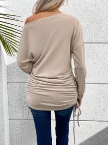 EMERY ROSE Áo nỉ cổ tròn tay trễ màu trơn có dây rút, thích hợp cho lễ tốt nghiệp, tựu trường, lễ tốt nghiệp, giáo viên, áo nỉ mùa thu cho mùa tựu trường. - Màu be - Xem 2