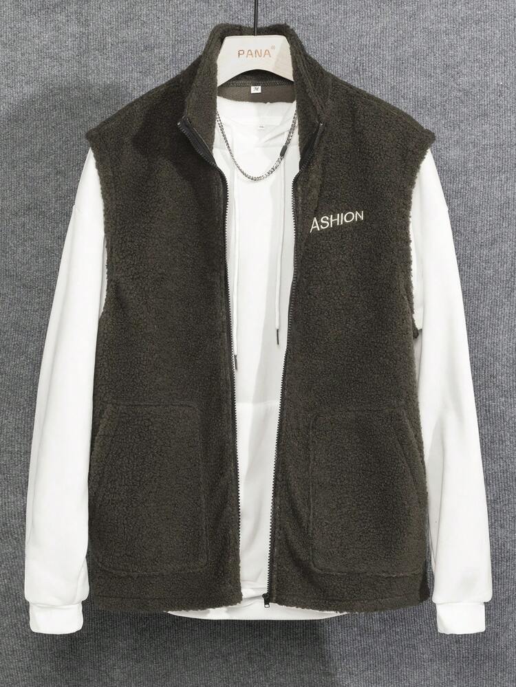 Loose Fit Men's Letter Embroidered Fleece Vest Jacket With Slant Pockets