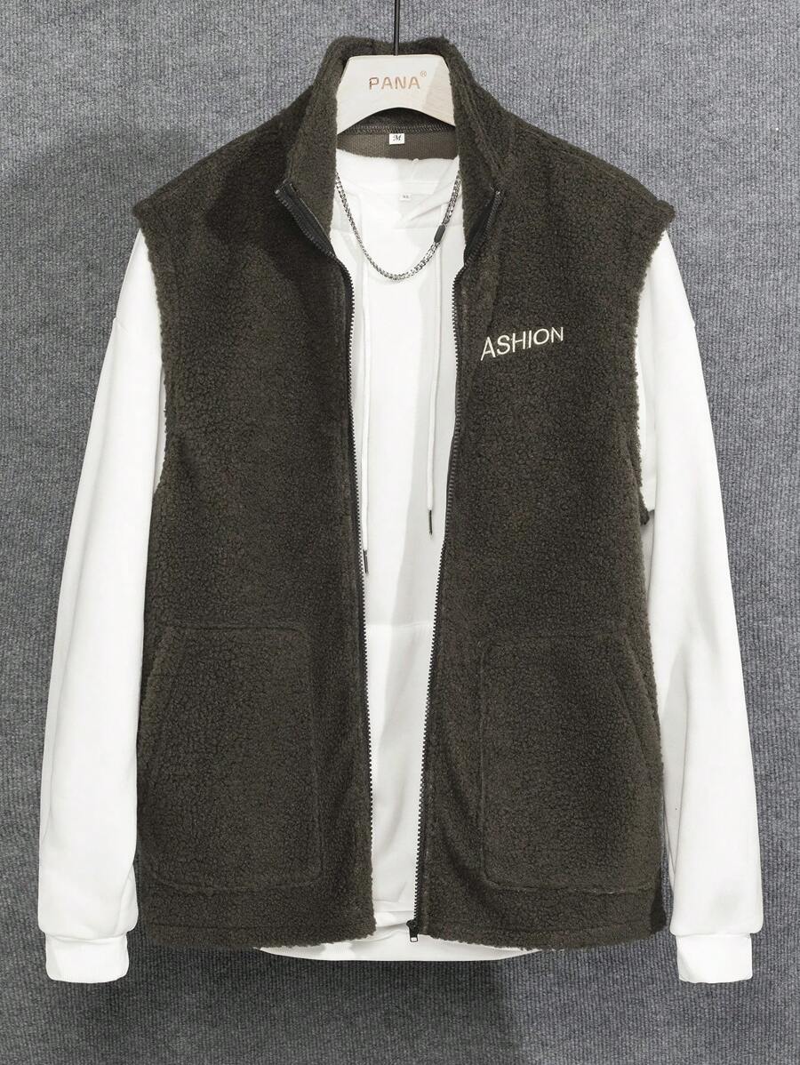 Manfinity Homme 寬鬆男款字母刺繡抓絨背心斜口袋夾克 - 綠色 - 查看 1