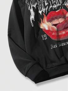 ROMWE MEN Grunge Punk Men Lip & Letter Graphic Drawstring Hoodie - Black - View 6