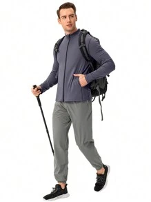 Gym Rark Men Aqua Blue Zip Up Slant Pocket Sports Jacket,Summer Athletic Jogging Workout Tops,Grey Hiking Outfit Active Wear Clothes For Men Jogging Suits - Grey - View 1
