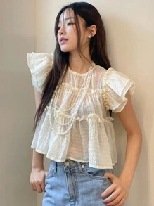 DAZY Chất rắn Lá sen tỉa Xù Hoa Sen Áo sơ mi - Màu be - Xem 3