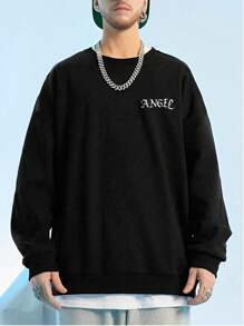 Manfinity Roghcode Men Plus Slogan & Wings Print Drop Shoulder Sweatshirt - Black - View 4