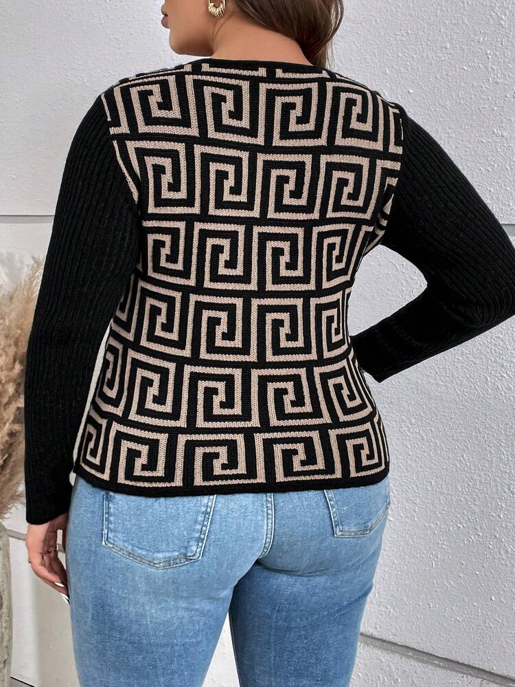 Plus Geo Pattern Cut Out Front Sweater