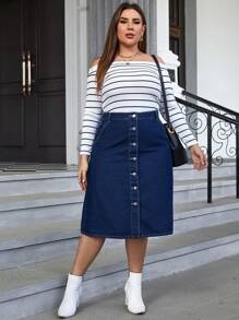 SHEIN Frenchy Plus Button Front Denim Skirt - Medium Wash - View 4