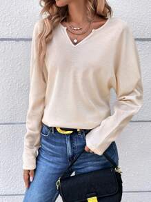 SHEIN Frenchy Notched Neck Batwing Sleeve Tee - Apricot - View 6