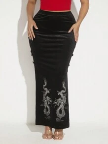 SHEIN SXY 中国龙纹开衩大腿丝绒裙新年夜派对性感夜店 - 黑色 - 查看 7