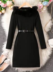 SHEIN 女大童毛茸邊腰帶T恤 - 黑色 - 查看 1