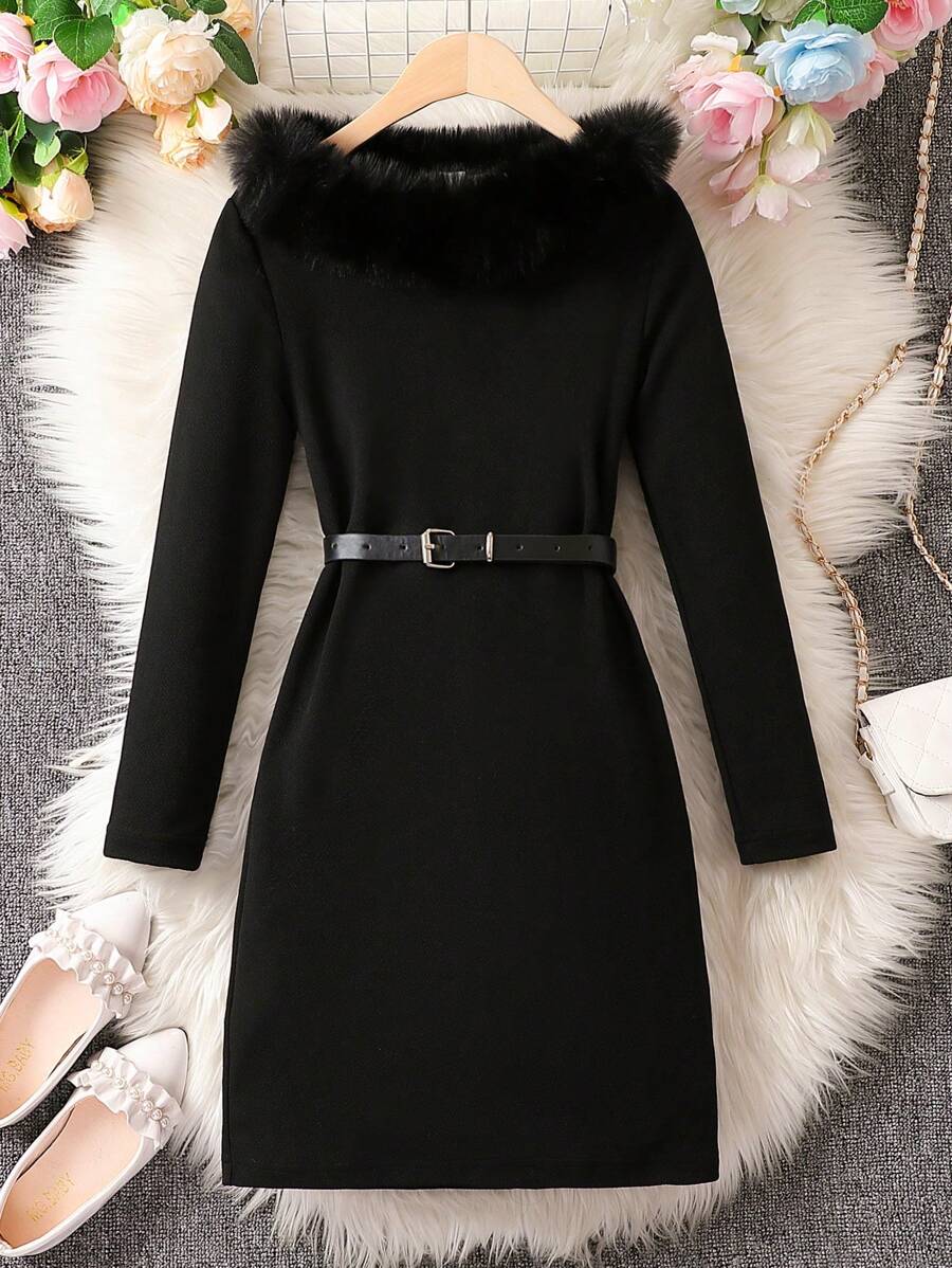 SHEIN 女大童毛茸邊腰帶T恤 - 黑色 - 查看 1