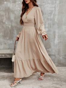 SHEIN LUNE 瑞士圆点荷叶边袖荷叶边下摆长款连衣裙女装