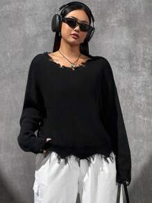 SHEIN EZwear 大碼落肩袖破洞毛衣 - 黑色 - 查看 1