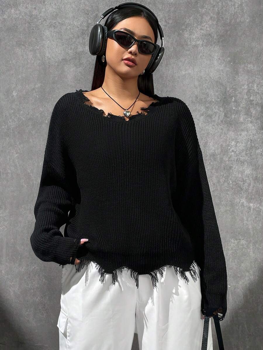 SHEIN EZwear 大碼落肩袖破洞毛衣 - 黑色 - 查看 1