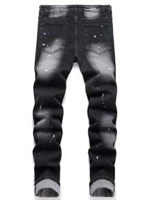 Manfinity LEGND Pantalón Vaquero Slim Fit desgarrado para hombre con estampado de salpicaduras de pintura, jean largo y deshilachado con bolsillos cargo en color negro liso, ideal para fiestas, rock punk y rapero. - Negro - Ver 2