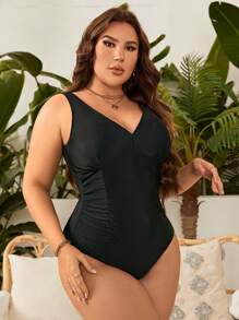 SHEIN Swim Curve Summer Beach Plus Ruched One Piece Swimsuit - Black - View 3