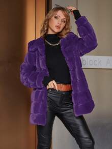 Eilly Bazar Solid Open Front Fuzzy Coat - Purple - View 4