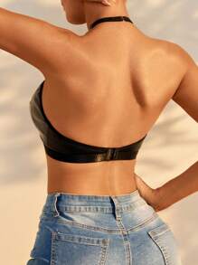 PU Leather Criss Cross Halter Bralette - Black - View 2