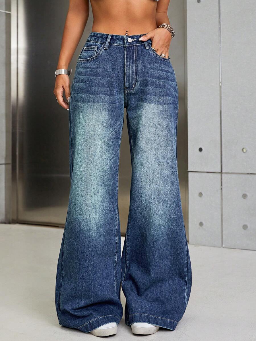 SHEIN ICON High Waist Wide Leg Jeans - Dark Wash - View 1