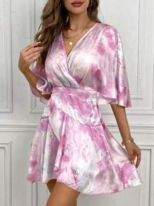 SHEIN Privé 紮染蝙蝠袖圍裹側打結洋裝 - 粉色 - 查看 4