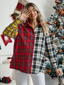 SHEIN Áo sơ mi trễ vai in họa tiết Tartan dành cho bà bầu - Nhiều màu - Xem 5