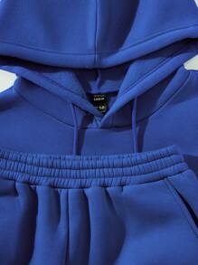 SHEIN LUNE Solid Drawstring Thermal Lined Hoodie & Sweatpants - Royal Blue - View 4