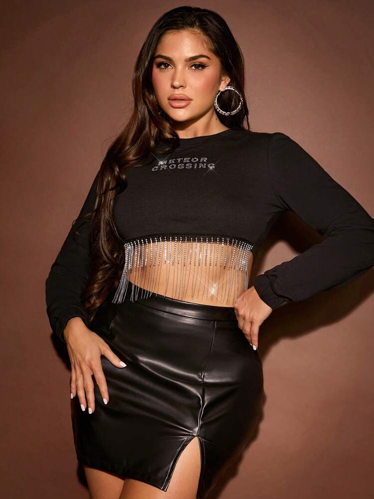 Rhinestone Fringe Hem Crop Sweatshirt Pullover Fall Sweatshirt