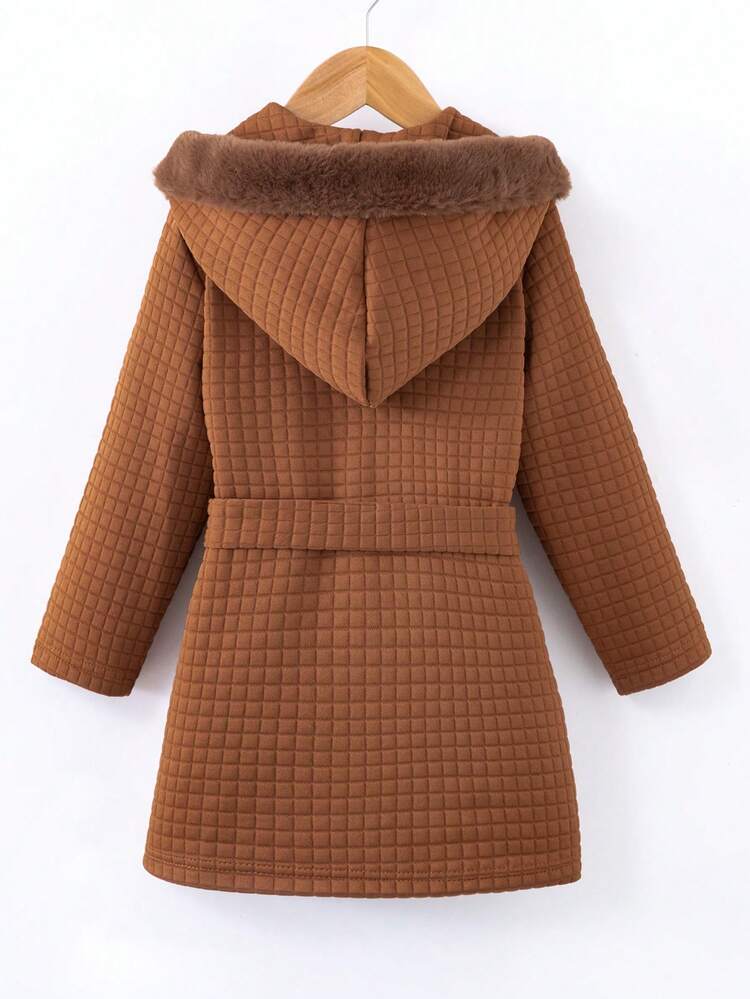 Young Boy Fuzzy Trim Hooded Belted Quilted Coat