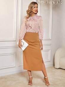 SHEIN Clasi In Toàn bộ Cà vạt Áo sơ mi & Tách đùi Váy - Lạc đà - Xem 5