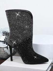 SHUZIA Rhinestone Decor Side Zipper Stiletto Boots