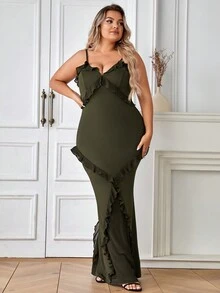 Plus Ruffle Trim Mermaid Hem Cami Dress - Army Green - View 3