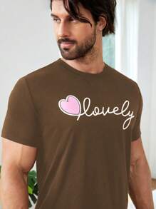 男士字母圖案T恤和短褲睡衣套裝 - 咖啡棕 - 查看 5