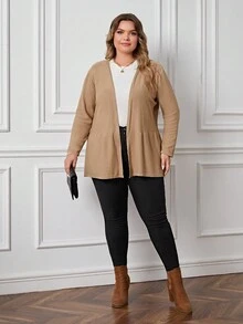 SHEIN LUNE Plus Size Solid Casual Design Cardigan - Khaki - View 3