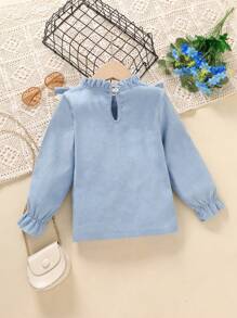 SHEIN Chica Joven Blusa ribete con fruncido de manga con volante con lazo delantero - Azul - Ver 2