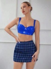SHEINNeu Solid PU Leather Cami Top & Plaid Print Skirt