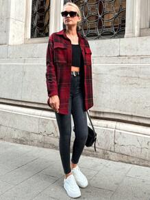 SHEIN PETITE Plaid Print Drop Shoulder Flap Pocket Button Front Coat - Burgundy - View 5