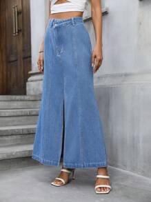 SHEIN Privé Split Thigh Denim Skirt - Blue - View 8