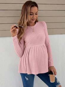 SHEIN Maternity Solid Peplum Tee With Long Sleeve - Baby Pink - View 6