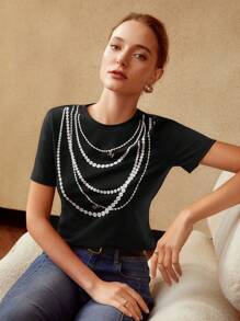MOTF PREMIUM 人造珍珠串珠T恤 - 黑色 - 查看 6