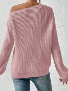 Siren Gaze 纯色罗纹针织不对称领口主教袖毛衣、长袖上衣