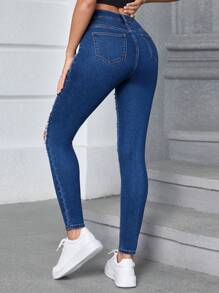 SHEIN Essnce 破洞緊身牛仔褲 - 中等水洗藍 - 查看 2